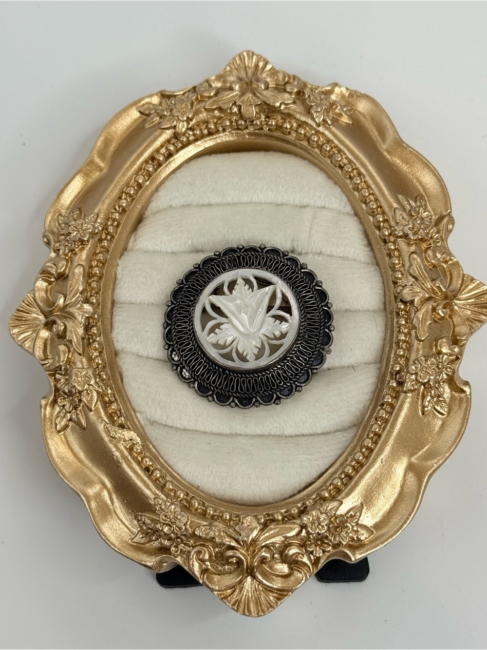 vintage Jerusalem silver and carved mother-of-pearl brooch